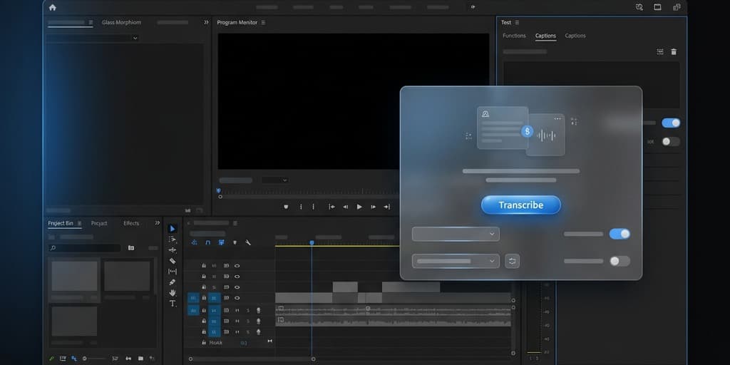 Adobe Premiere Pro interface highlighting the Text panel during the Speech to Text auto-transcription process