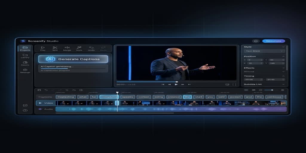 Screenify Studio sleek AI auto-captioning interface showing synchronized word-level highlights and timeline blocks