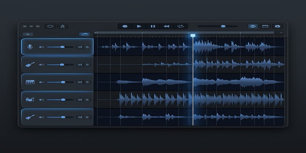 GarageBand Mac interface with multiple audio tracks and waveforms highlighting a complex background music mix