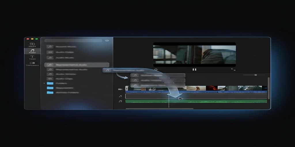 iMovie Mac interface showing the Audio tab active with background music selection on the timeline