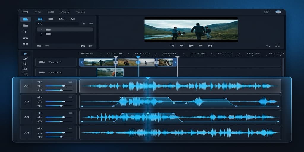 Screenify Studio built-in video editor showing multiple audio tracks for system audio, mic, and background music