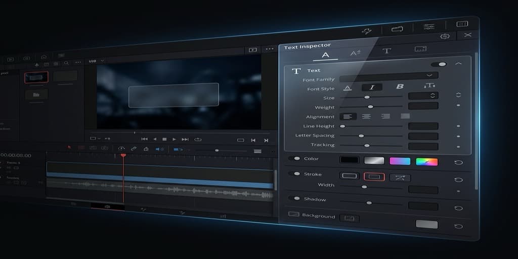 DaVinci Resolve interface focusing on a detailed text inspector panel with typography and transform controls