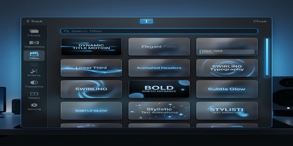 iMovie Mac interface showing the Titles browser with various animated text style templates available for overlay