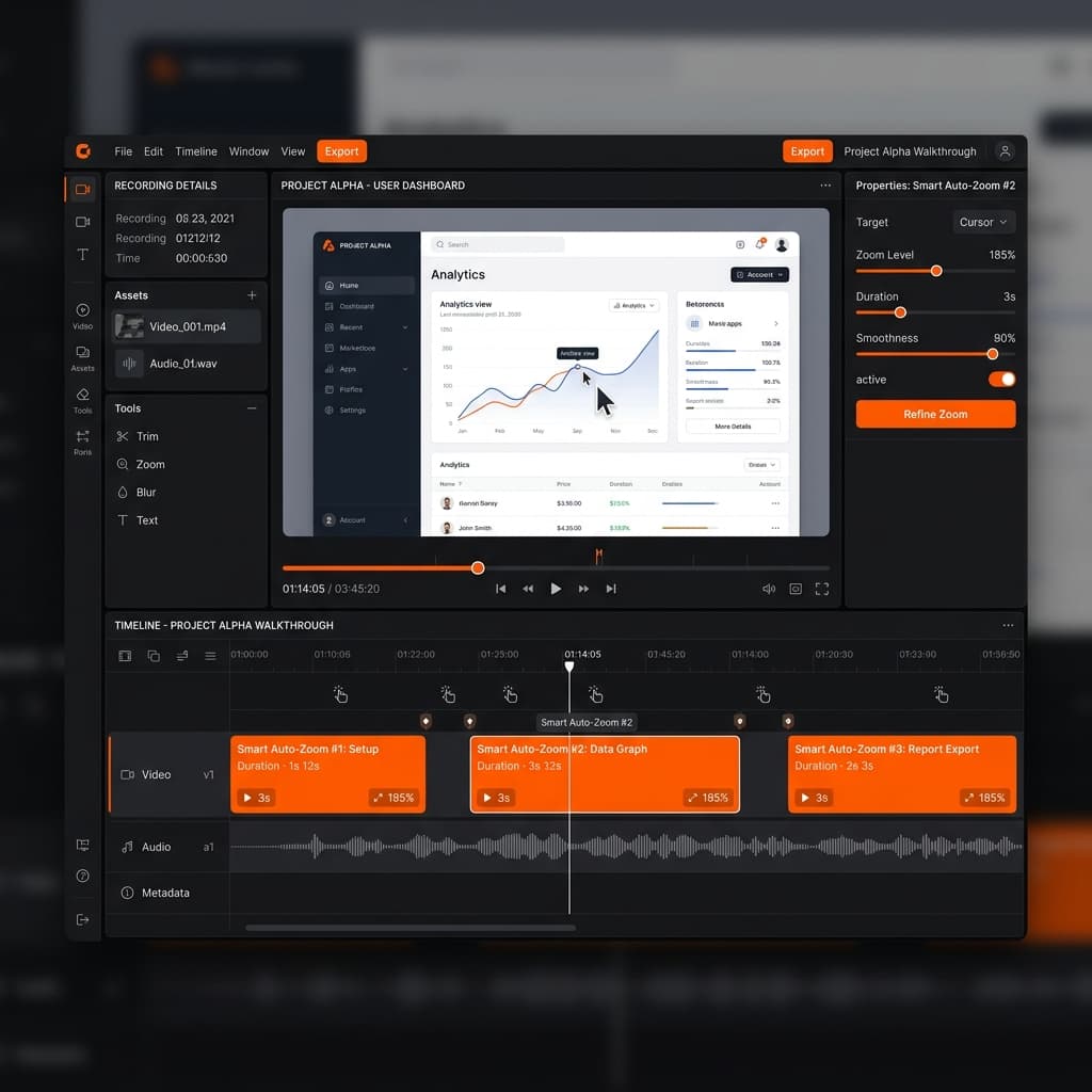 Screenify Studio modern screen recording tool UI showing auto-zoom and post-recording timeline
