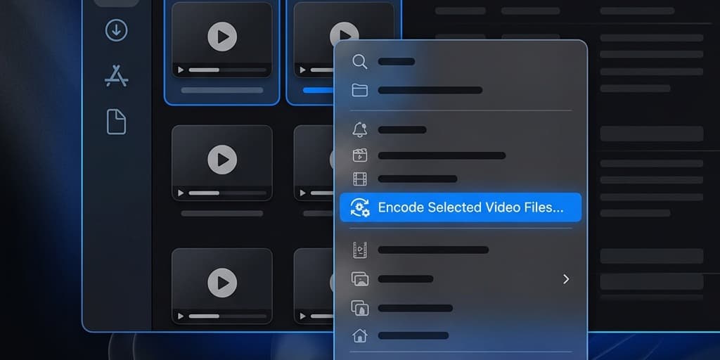 macOS Finder window with right-click context menu open highlighting the Encode Selected Video Files option for a MOV clip