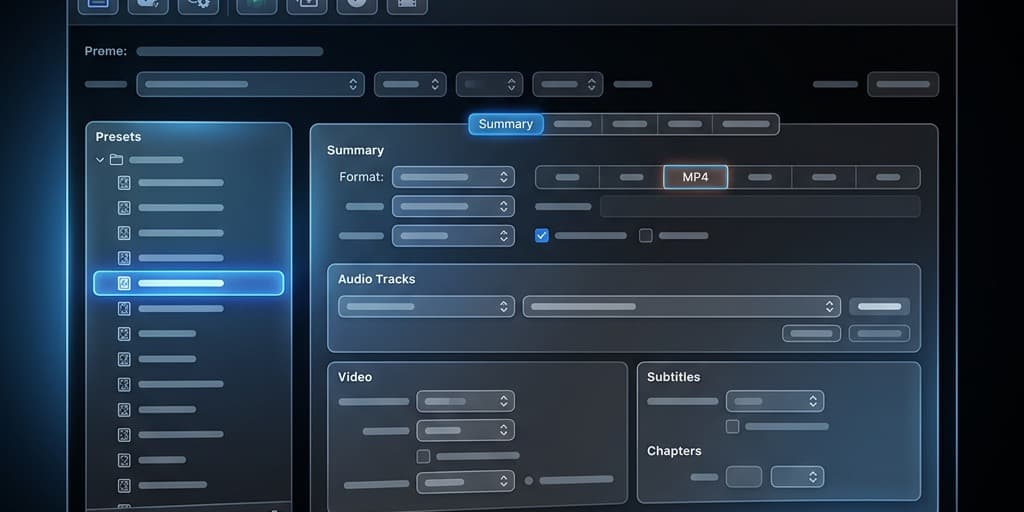 HandBrake Mac interface showing the Summary tab with MP4 format and Fast 1080p30 preset selected for transcoding