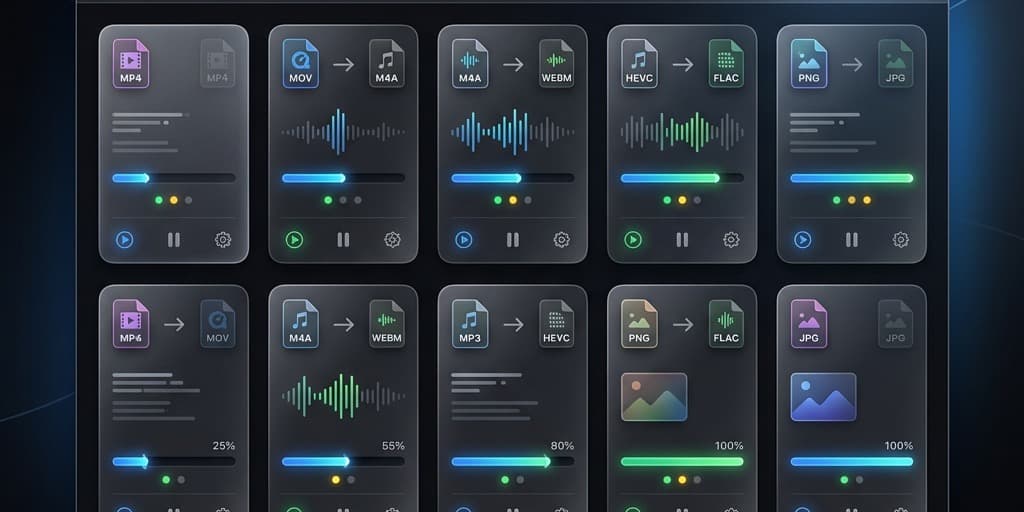 Permute Mac app interface showing multiple video file cards with progress bars for simultaneous batch conversion