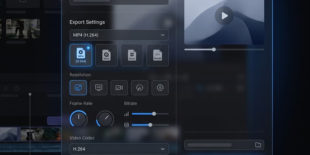 Screenify Studio sleek export panel showing MP4 H.264 selected as the output format for a video recording