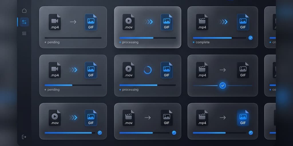 Permute app window showing multiple file cards with GIF Animation selected and progress bars active
