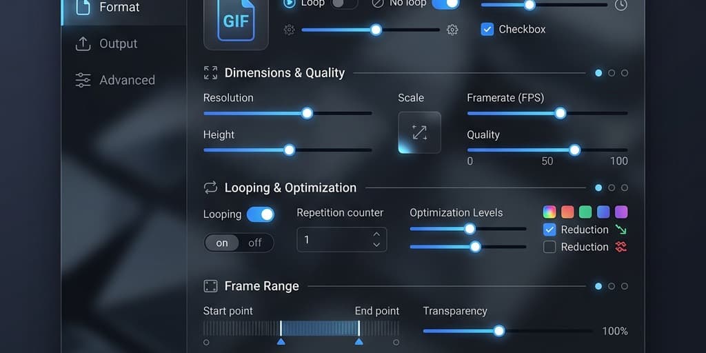 Screenify Studio GIF export settings showing frame rate loop and resolution controls with an estimated file size preview