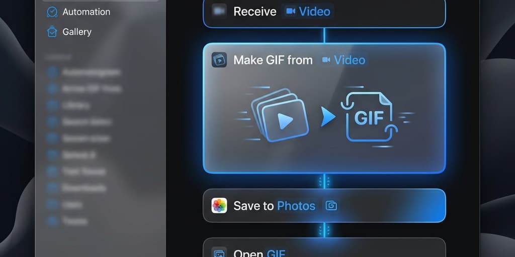 macOS Shortcuts app showing a custom Convert to GIF workflow with the Make GIF from Video action block