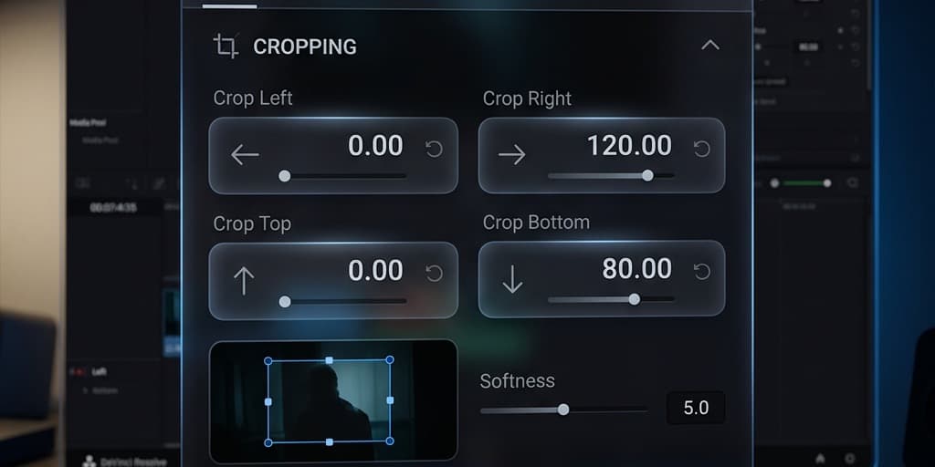 DaVinci Resolve interface focusing on the Cropping section in the Inspector panel with numeric fields for Left Right Top and Bottom