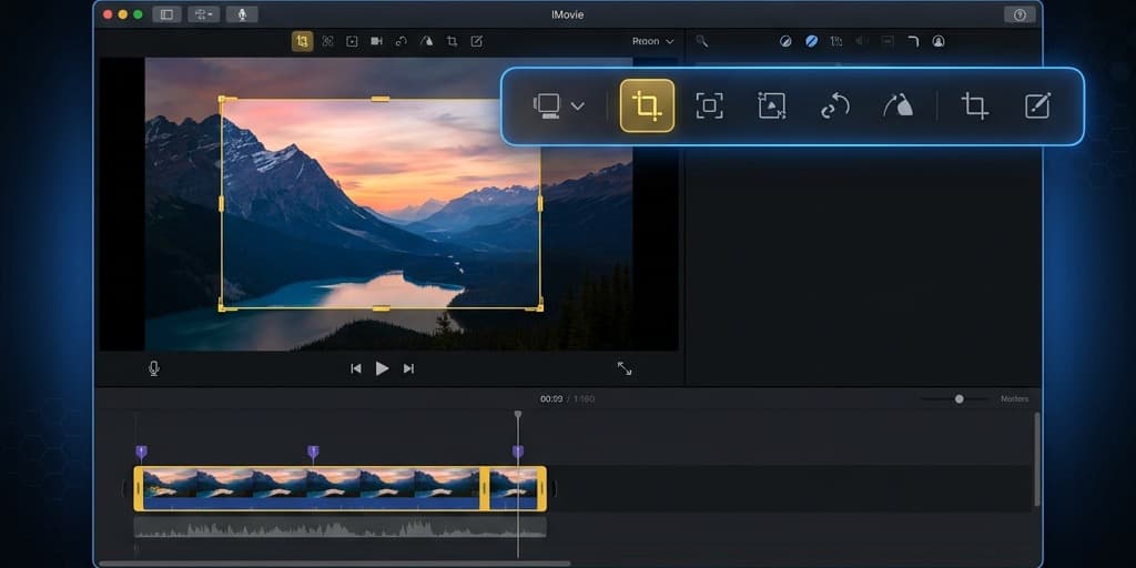 iMovie Mac interface showing the Crop to Fill tool active with a selection rectangle over the video preview frame