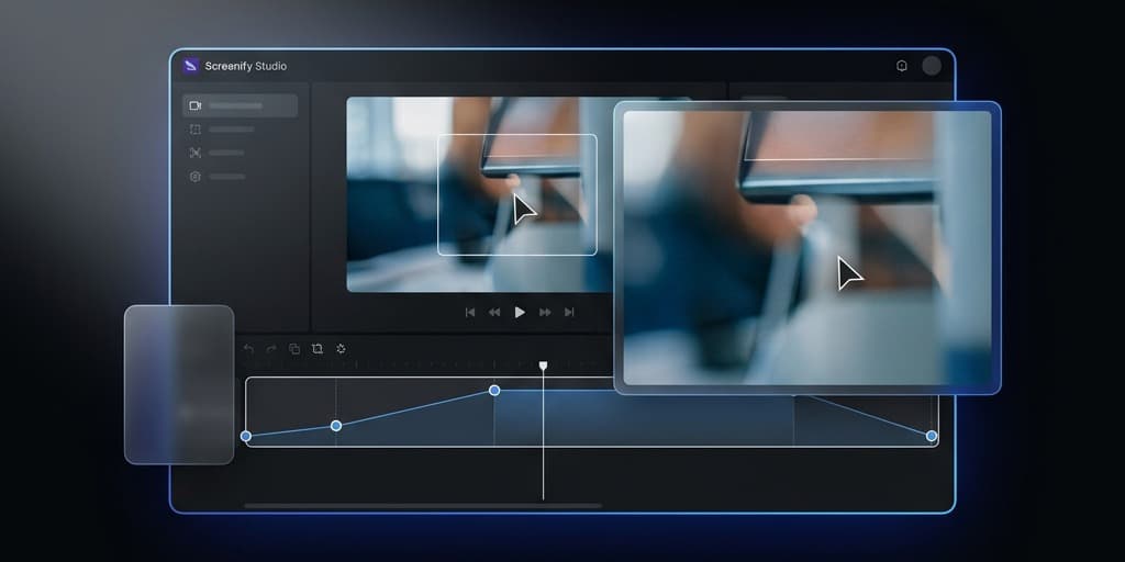 Screenify Studio editor showing the auto-zoom timeline with keyframes and a zoomed preview window following the cursor