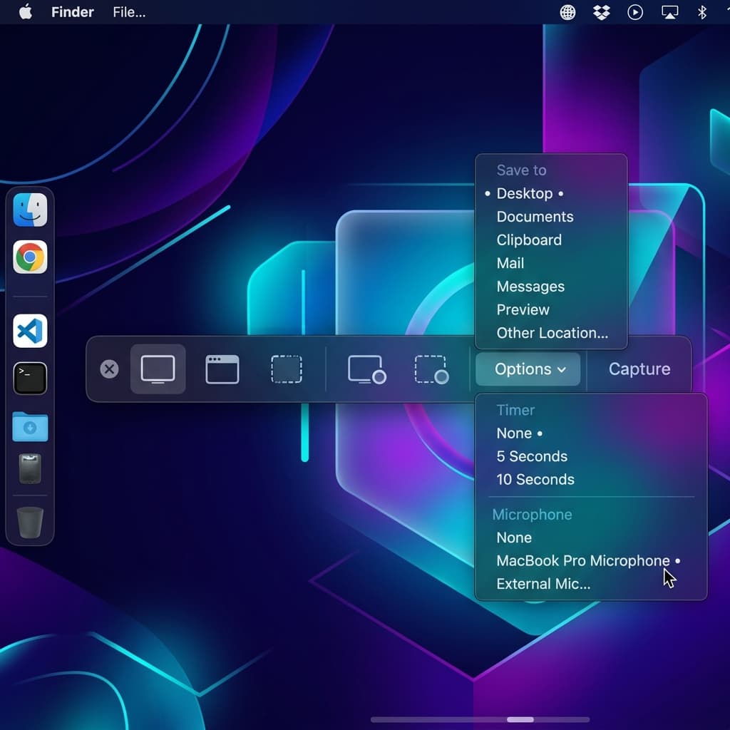 macOS Screenshot toolbar with the Options dropdown menu expanded