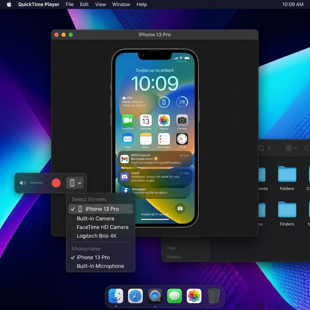 QuickTime Player mirroring an iPhone screen with the device selected as the camera source