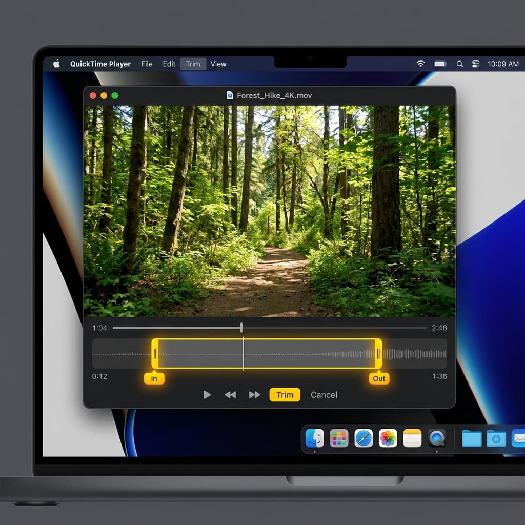 QuickTime Player Trim editor showing yellow trim handles on a video timeline