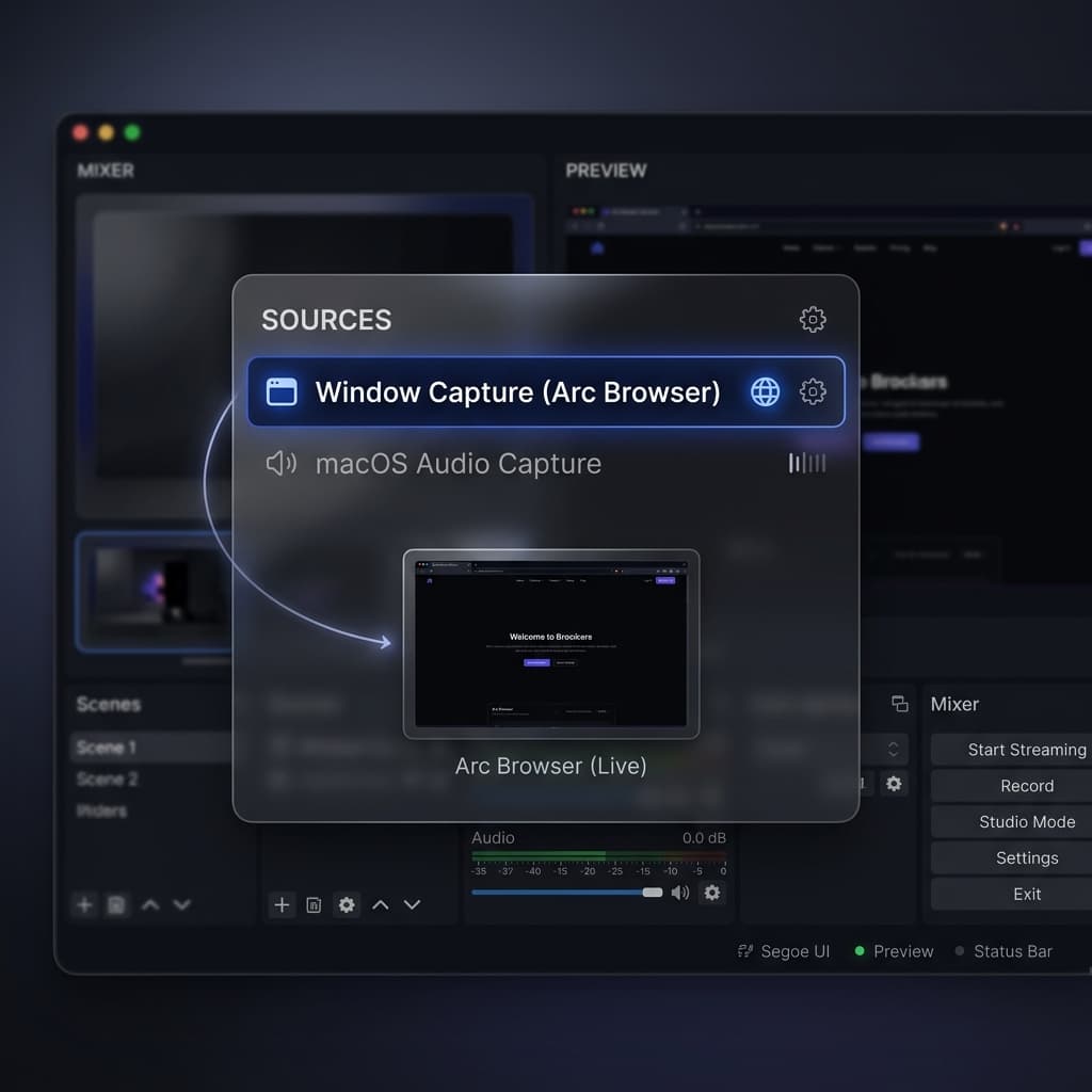 OBS Studio sources panel showing Window Capture for stream recording