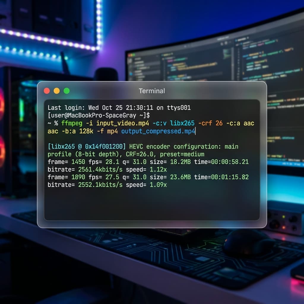 Terminal window showing an ffmpeg command compressing a video file to HEVC