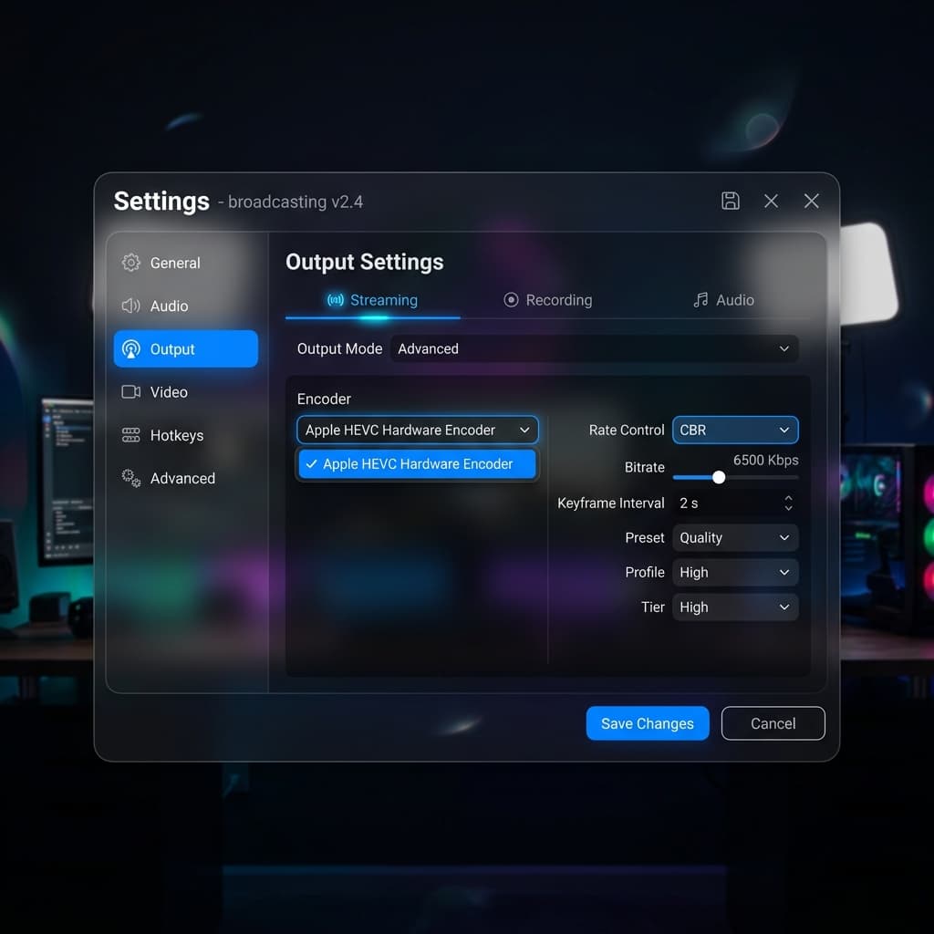 OBS Studio settings panel showing native MacBook Pro resolution and hardware encoder selection
