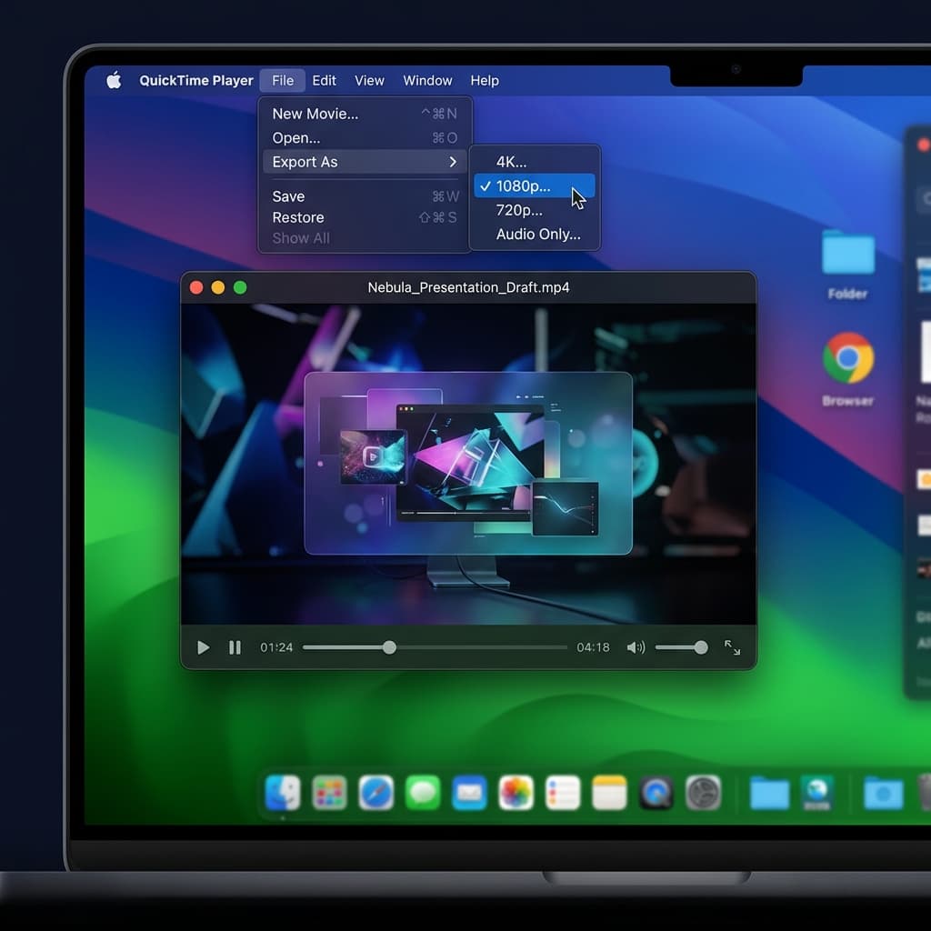 QuickTime Player File menu showing Export As 1080p selected