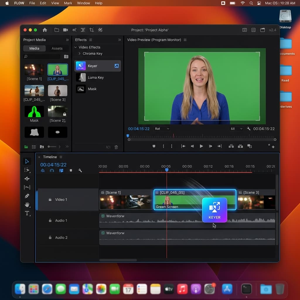 Final Cut Pro timeline showing the Keyer effect applied to a raw screen recording