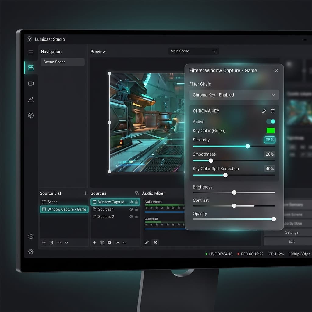 OBS Studio interface showing a Chroma Key filter applied to a Window Capture source