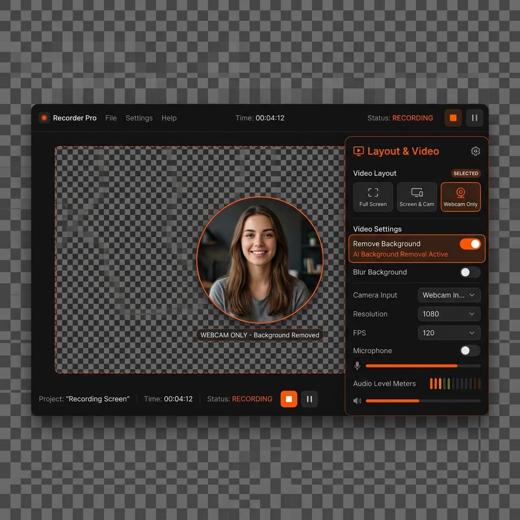 Screenify Studio recording panel showing webcam layout with background removal enabled
