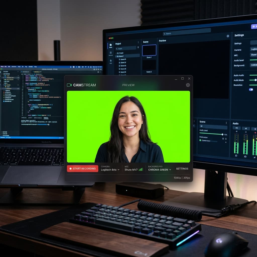 Webcam software preview showing a subject against a bright green virtual background