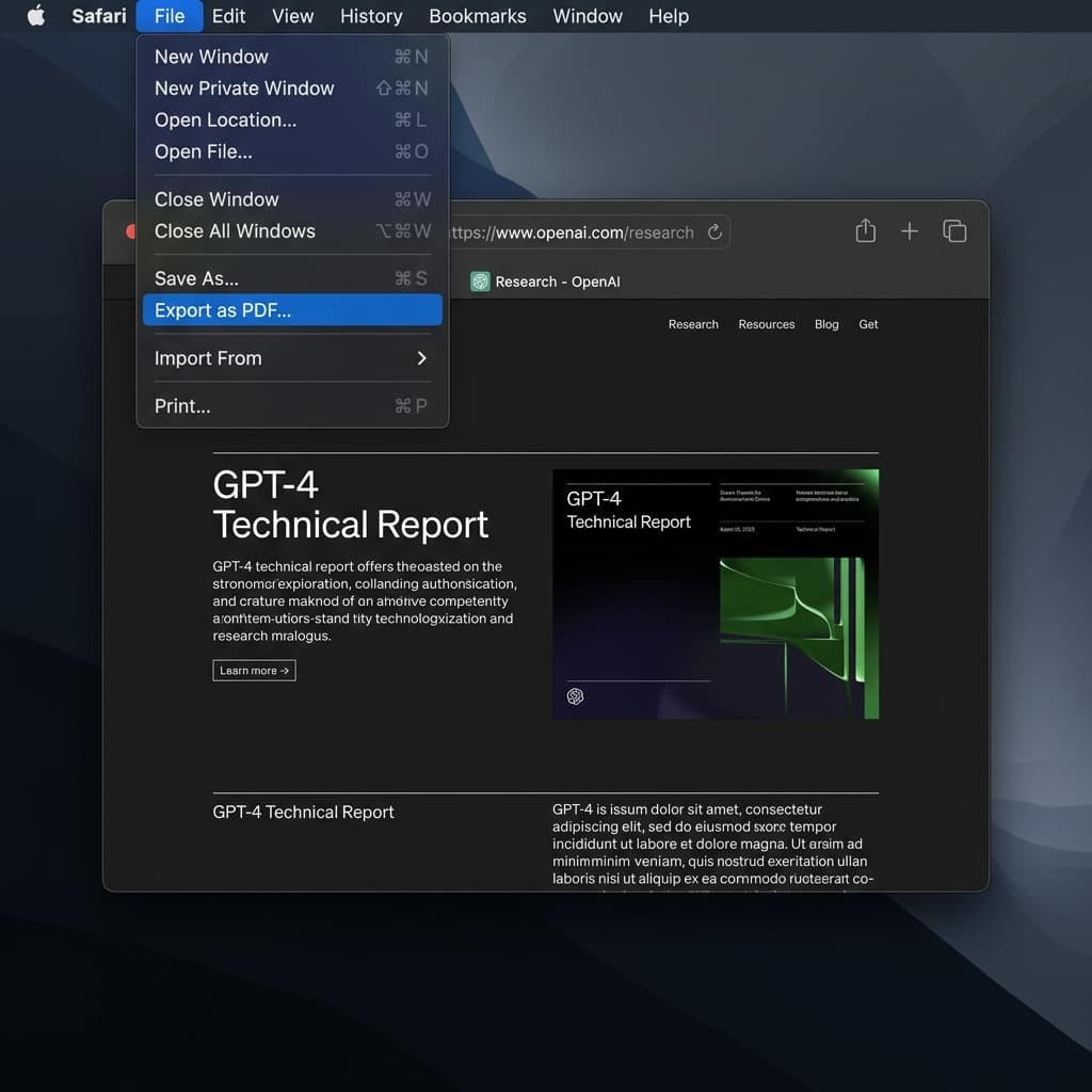 Safari browser File menu with Export as PDF option highlighted