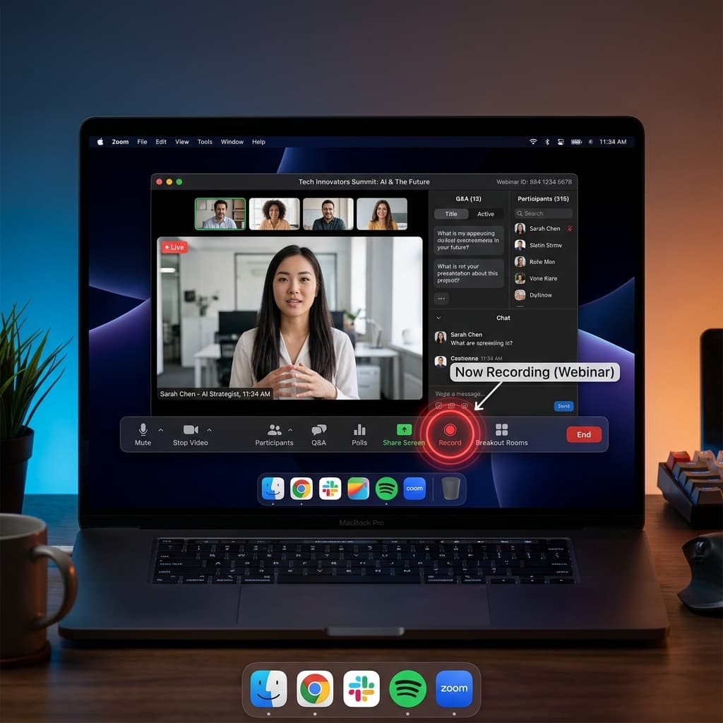 Zoom application UI highlighting the 'Record' button during an active webinar session