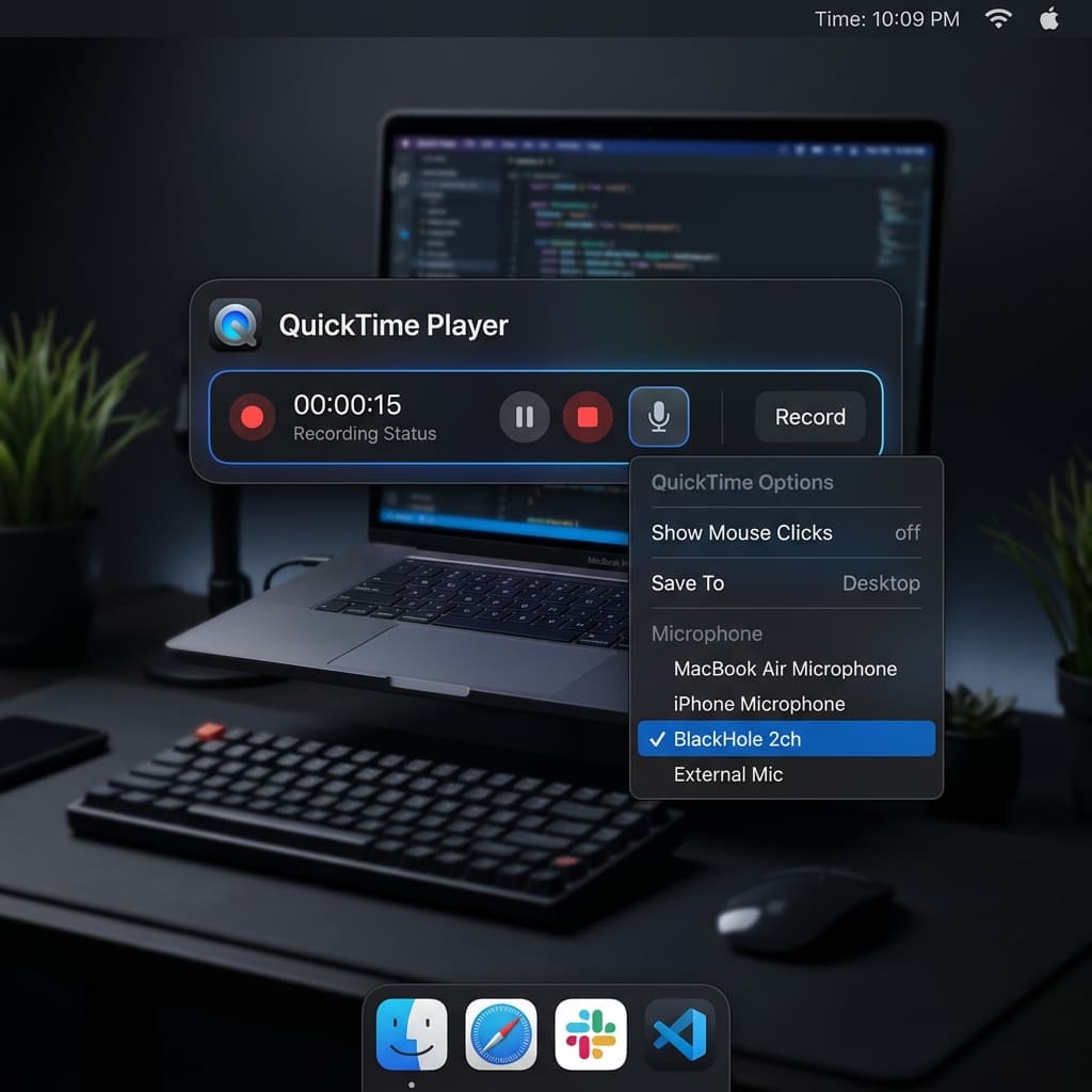 macOS QuickTime Player screen recording overlay showing BlackHole 2ch selected as microphone