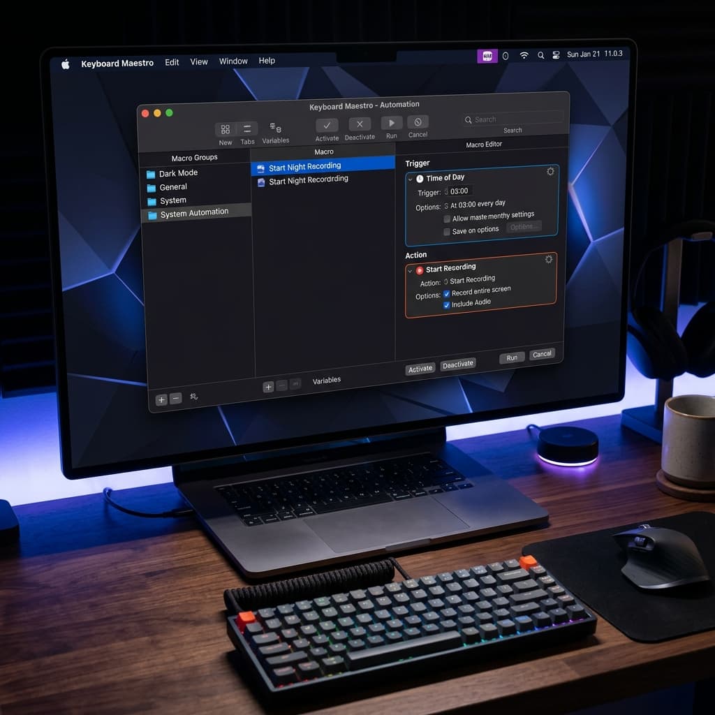 Keyboard Maestro macro configuration showing a Time of Day trigger and Start Recording action