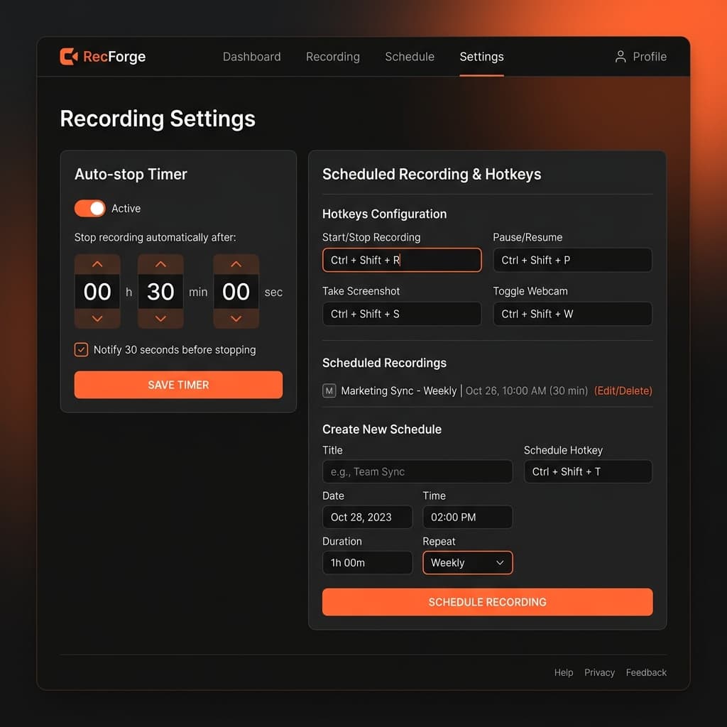Screenify Studio settings interface showing hotkey configuration and auto-stop timer