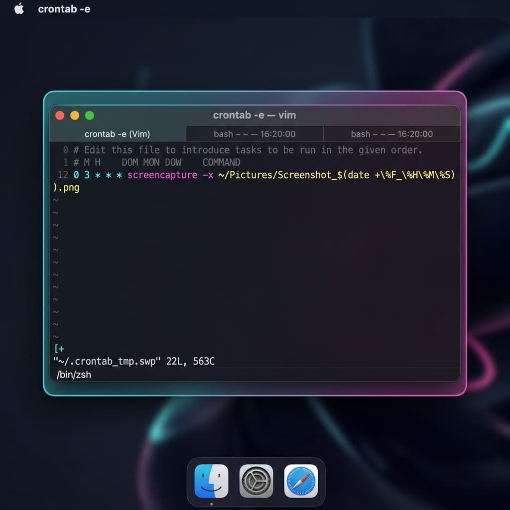 macOS Terminal window showing a crontab entry for screencapture scheduled at 3 AM