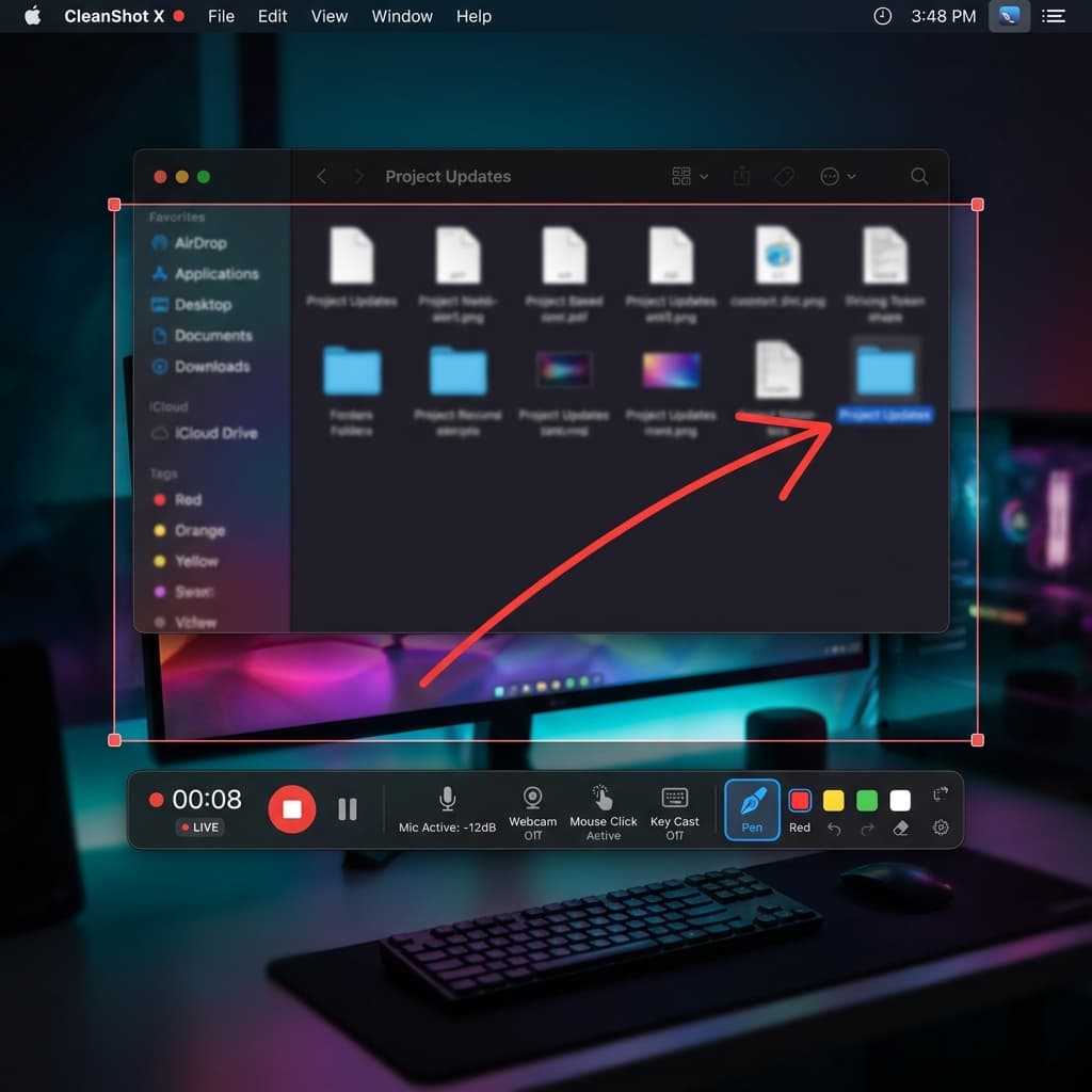 CleanShot X screen recording interface showing the drawing pen tool active and a red freehand arrow