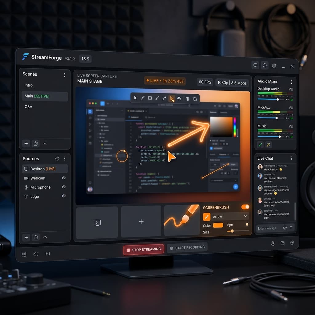 OBS Studio live screen capture with a ScreenBrush annotation overlay drawing a glowing arrow