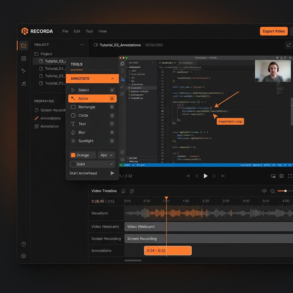 Screenify Studio annotation toolkit panel next to a video timeline