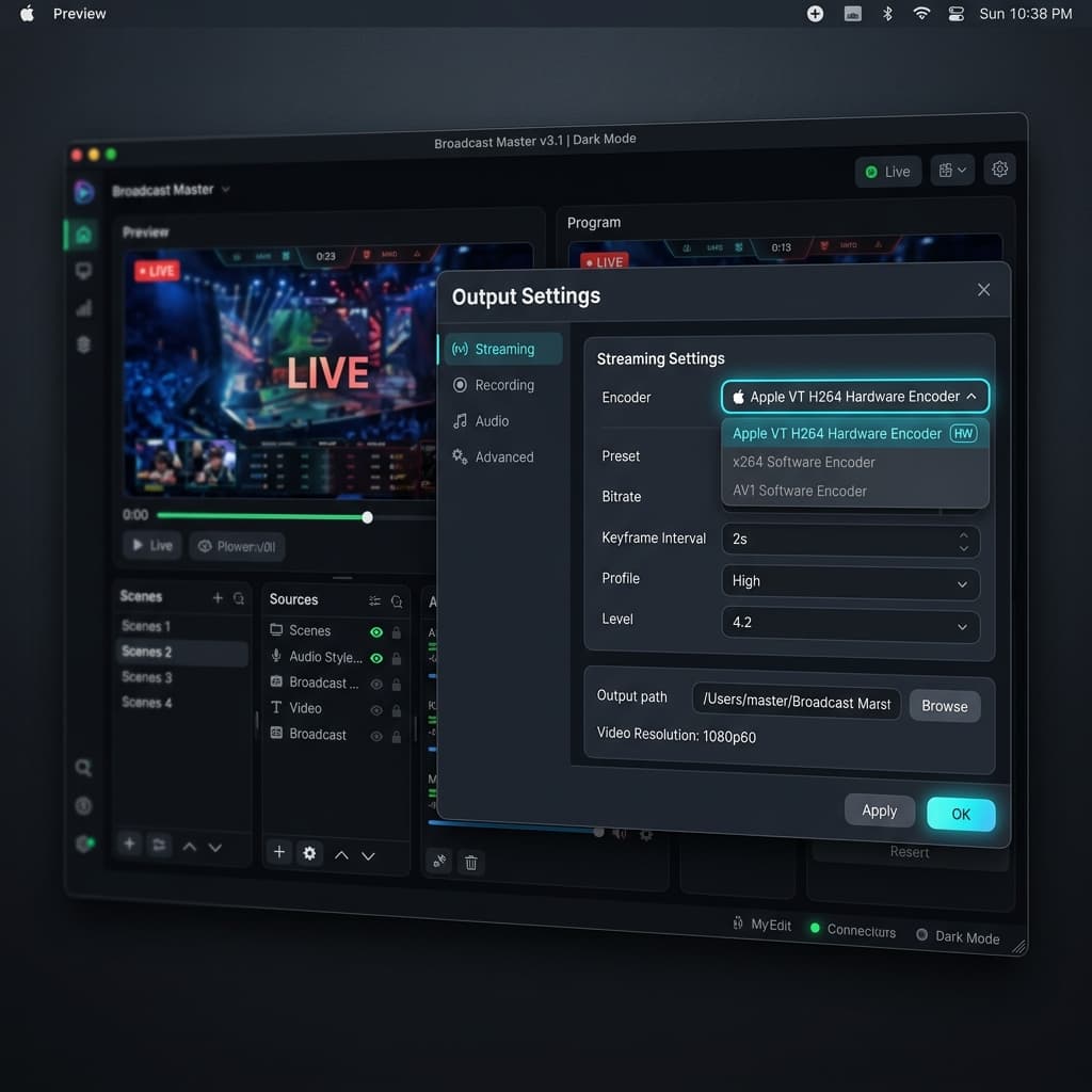 OBS Studio Output Settings panel showing Apple VT H264 Hardware Encoder selected