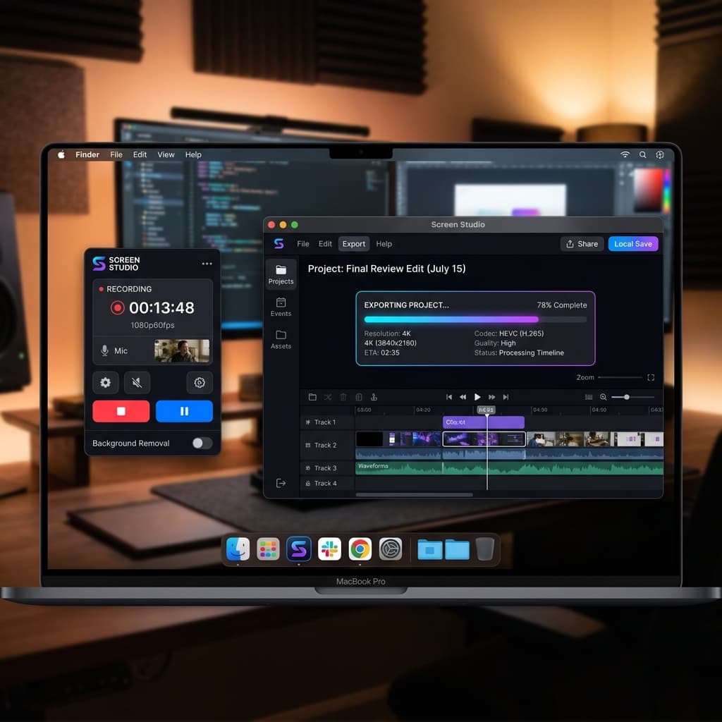 Screen Studio app on Mac emphasizing the lightweight recording UI and a heavier timeline export processing progress bar