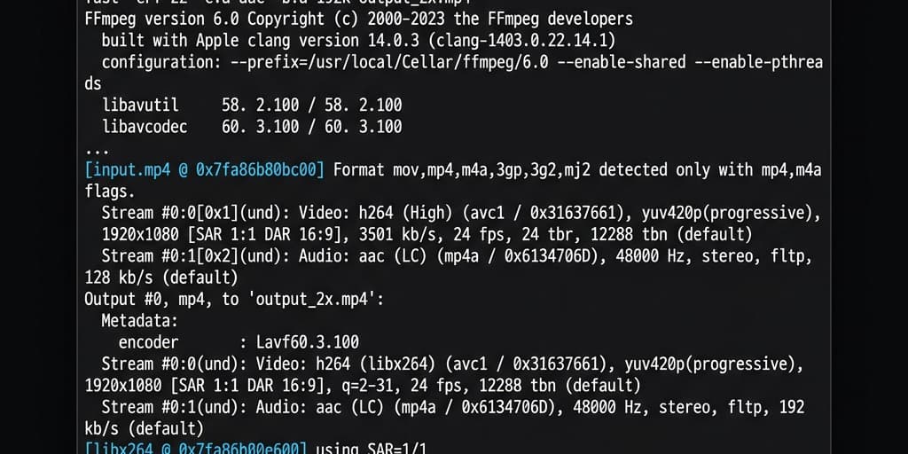 Terminal window showing a successful FFmpeg speed change command execution using atempo and setpts filters with a progress bar