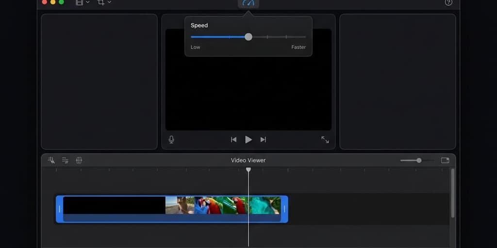 iMovie Mac interface showing a video clip selected on the timeline with the Speed (speedometer) controls visible above the viewer
