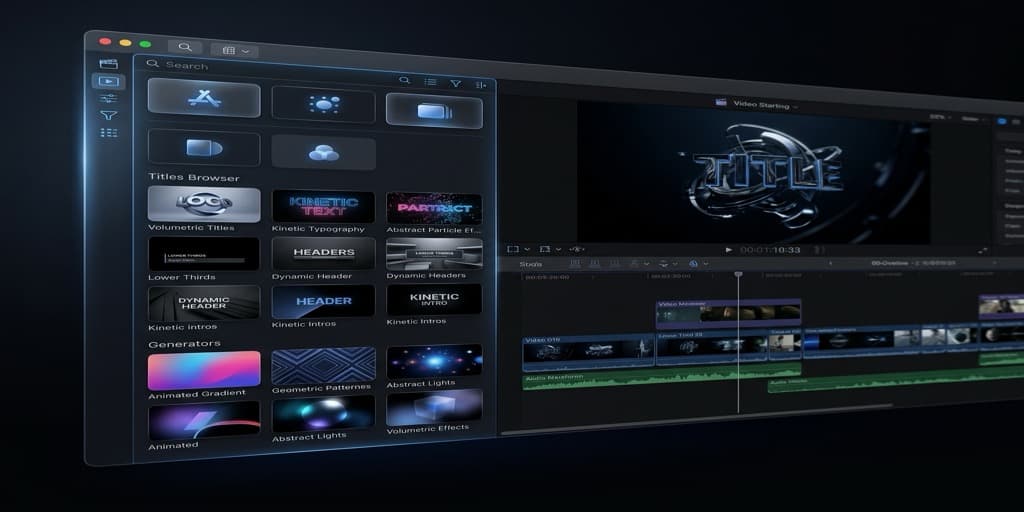 Final Cut Pro interface showing the Titles and Generators sidebar with various 3D and animated title presets
