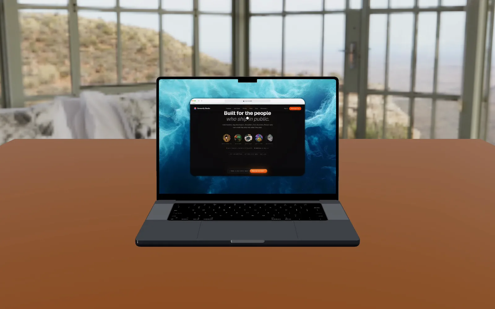 The same shot after the fix: the MacBook now stands on a wooden desk in the same room
