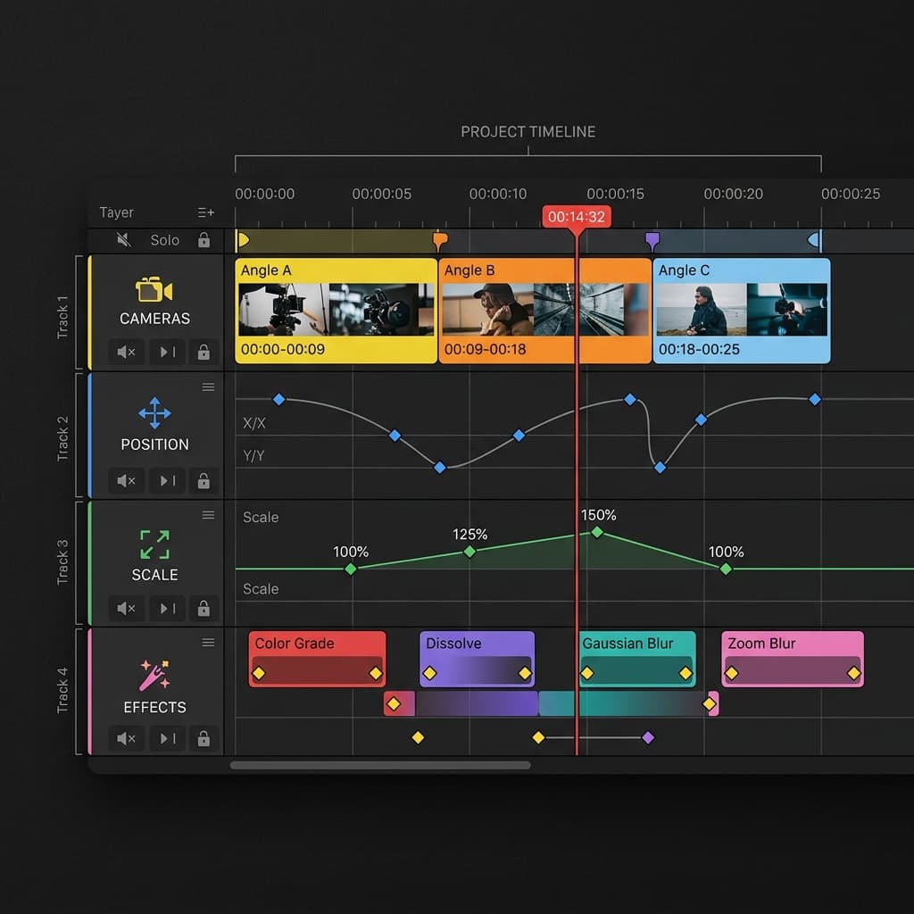 Screenify timeline editor showing camera, position, scale, and effect tracks generated automatically from a CLI recording