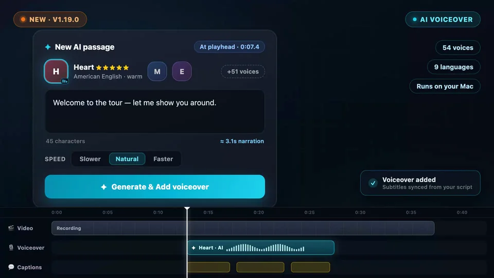 AI Voiceover in action: type a script, generate, and the narration lands on your timeline