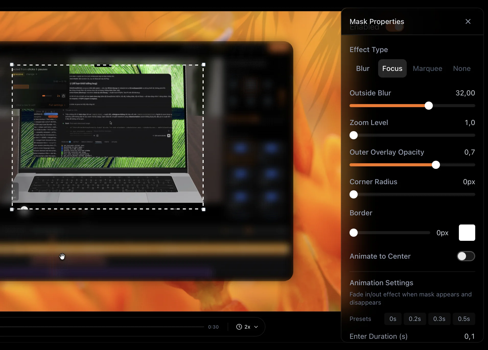 Screenify Studio Focus mask keeping one area of the recording sharp while the rest is blurred and darkened, with Outside Blur, Zoom Level and Outer Overlay Opacity controls