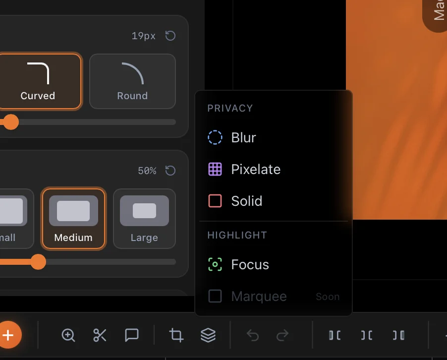 Screenify Studio Mask menu opened from the timeline toolbar, with Privacy options Blur, Pixelate and Solid, and Focus under Highlight