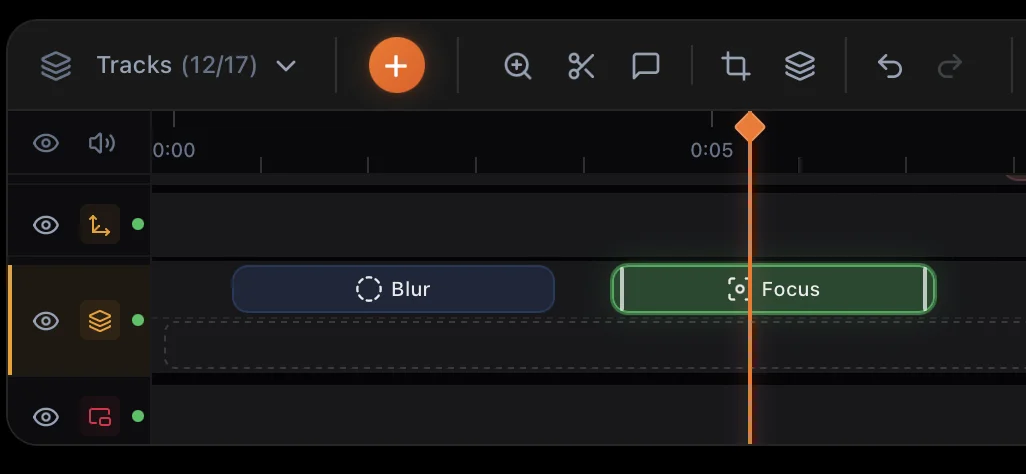 Screenify Studio timeline with a Blur mask segment and a Focus mask segment on the Mask track