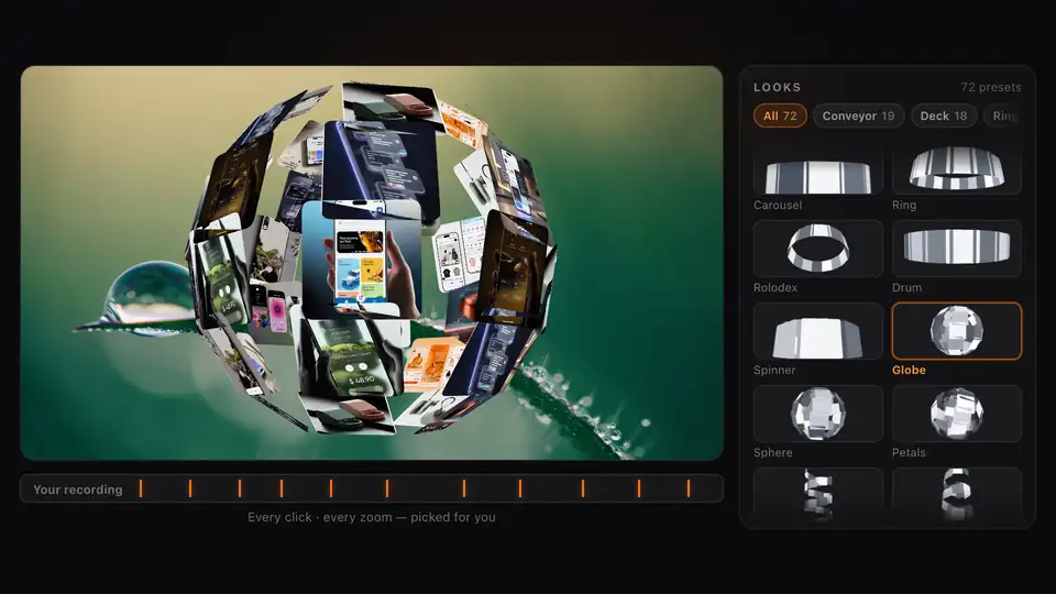 A Collage clip cycling through six looks: globe, cover flow, helix, carousel, cards and wheel